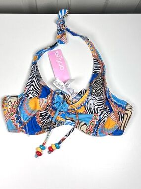 Animal Print Blue Colorful Halter Bikini Top Size Large NWT